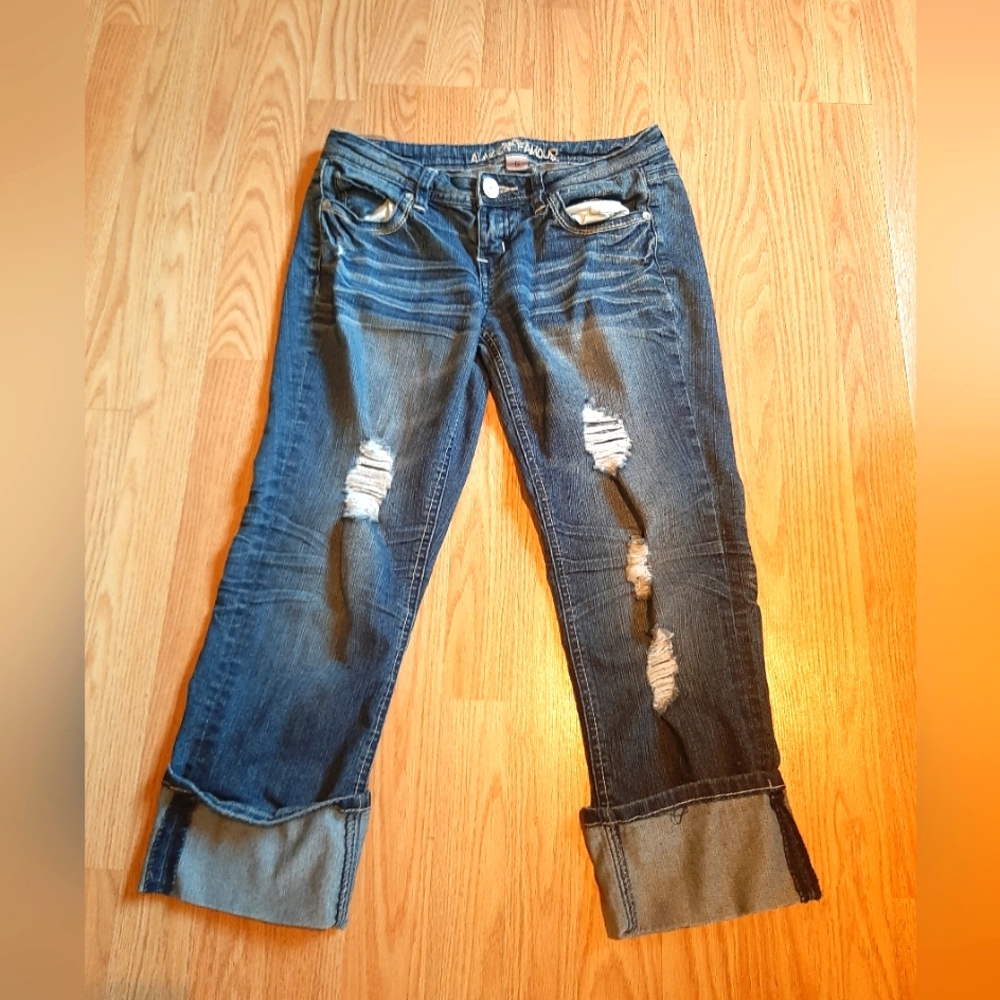 Almost Famous Distressed Stretch Denim Jeans Capris Cuffed